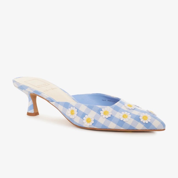 For Love And Lemons Shoes - Dolce Vita x For Love & Lemons Lilou Blue White Gingham Daisy Floral Mules